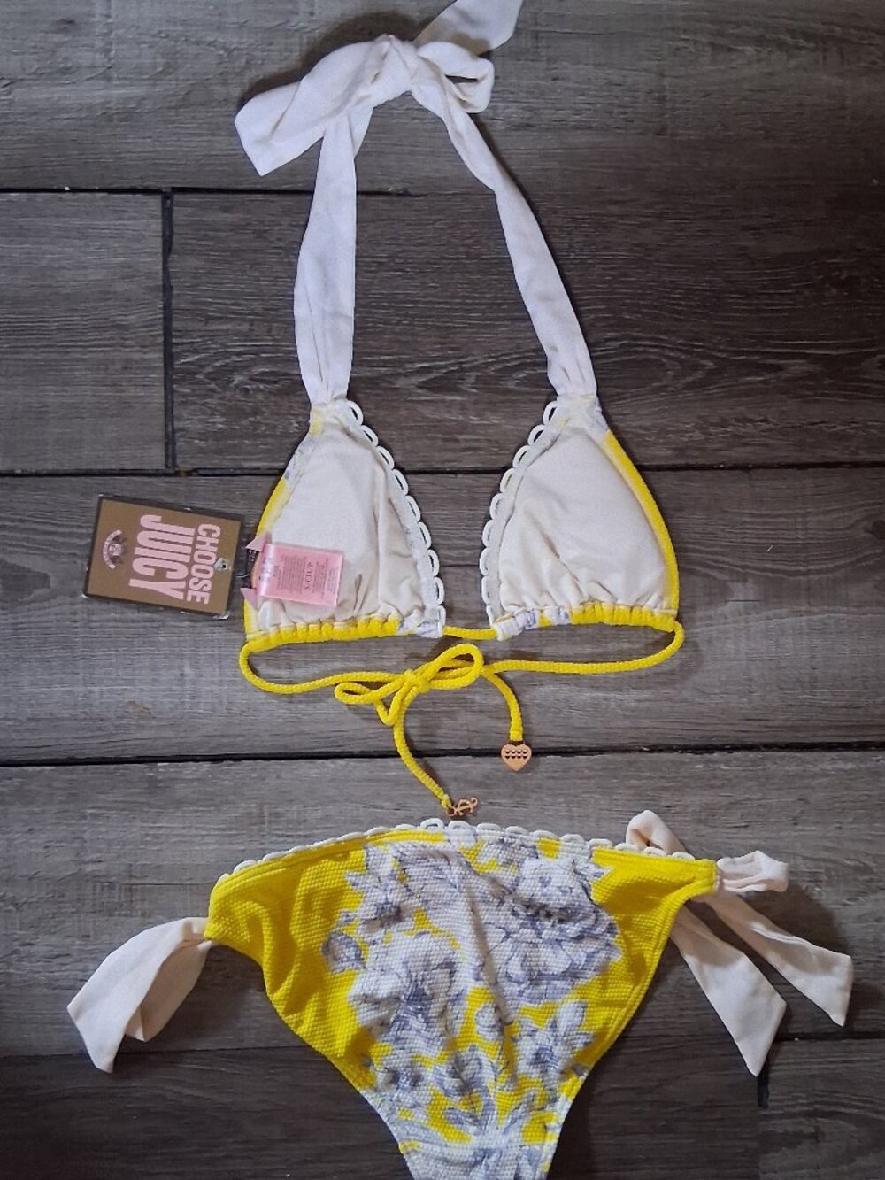 new JUICY COUTURE TEA ROSE YELLOW RIBBON BIKINI SMALL XS - Picture 7 of 9